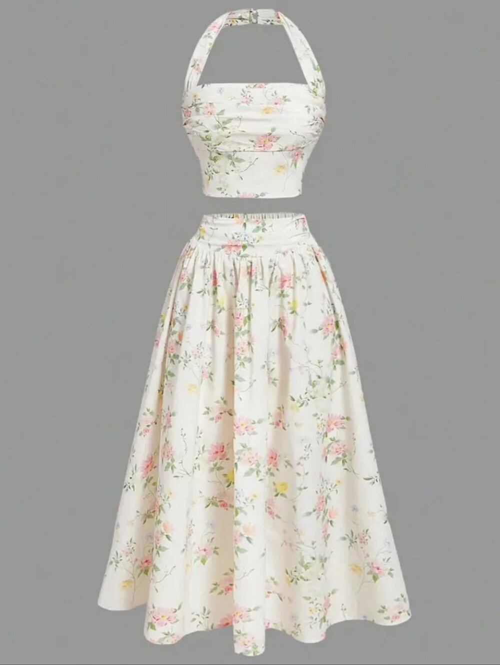 2pc Light Cream Multi Color Floral Maxi Length Skirt & Halter Crop Top Set (M)
